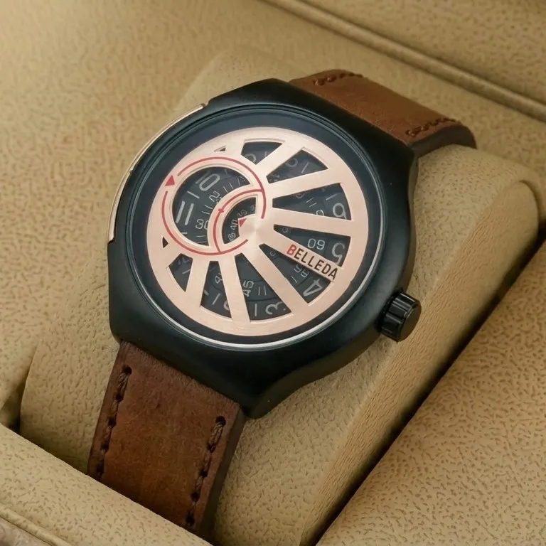 Belleda 8715 Leather Strap Watch Gold And Black Dial With Brown Strap Stylish Watch