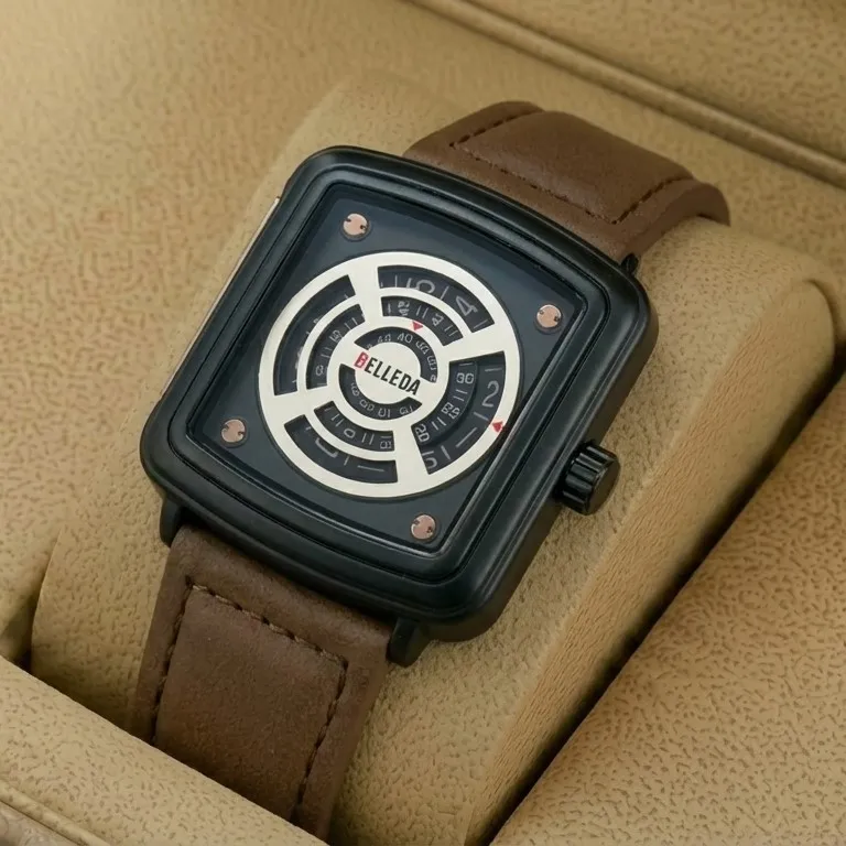 Belleda B9290 Original Watch Leather Strap Dial Black & Brown Color